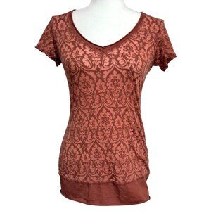 Maurices Top Womens M Burnout Damask Print V Neck Short Sleeve Knit Top Boho Vin
